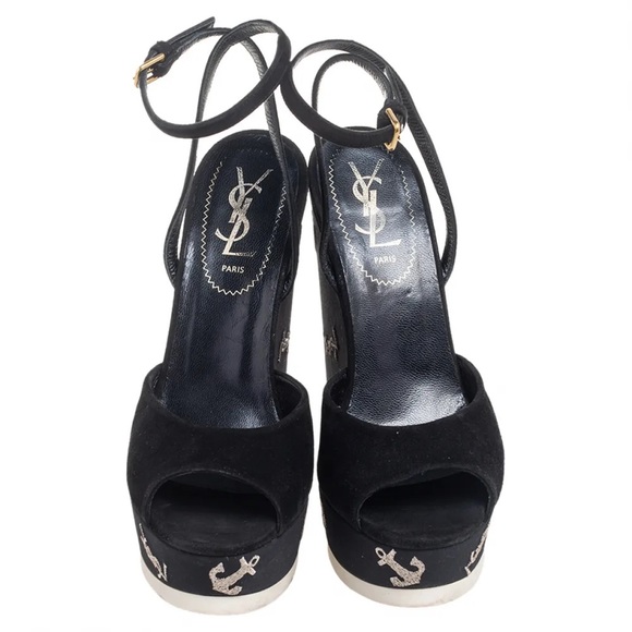 Saint Laurent Suede Cassandra Logo Ankle Strap Wedge - 8 US, Black fits 7.5 US - Picture 16 of 16